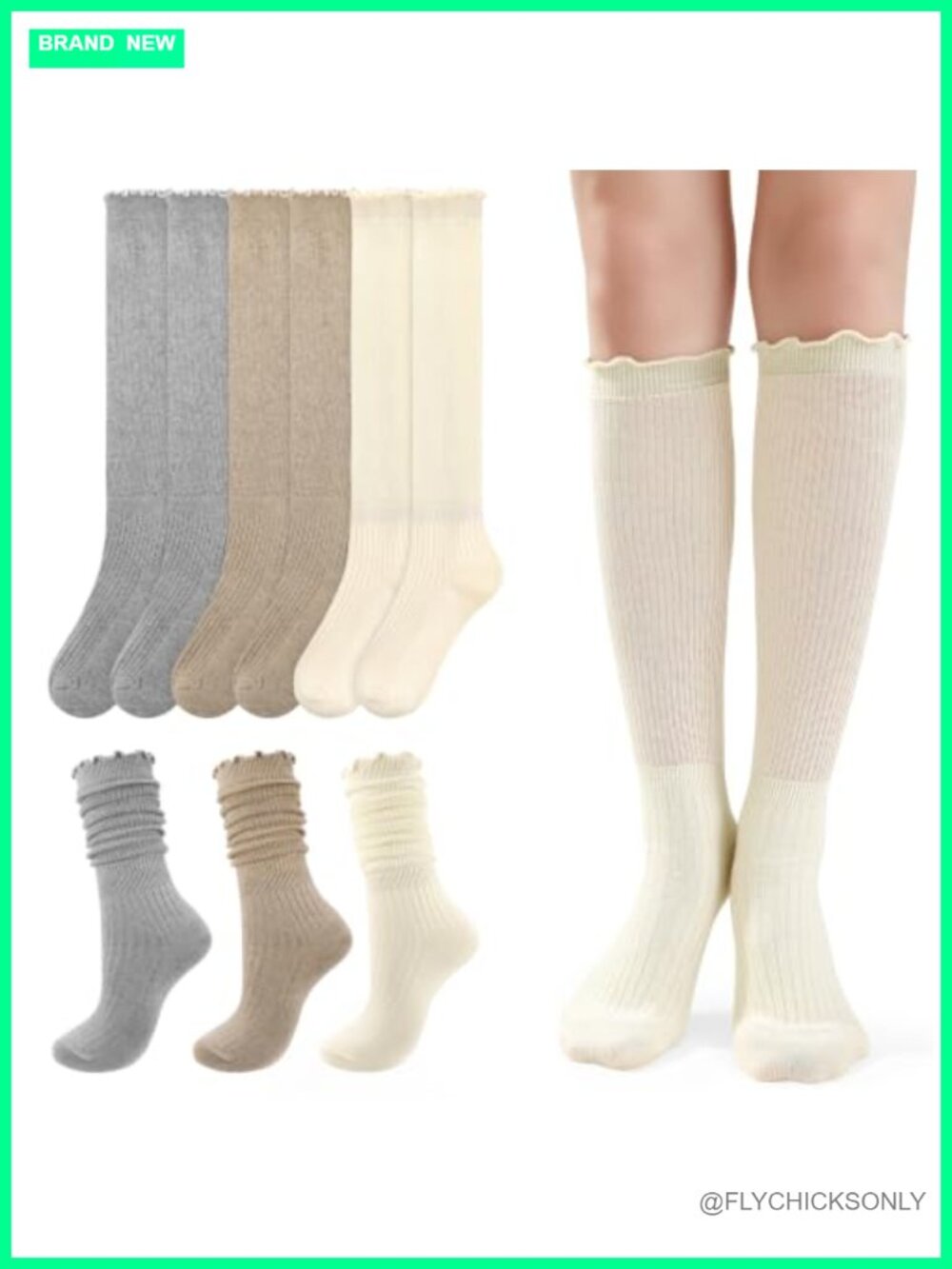 3 Pairs Women Ruffle Slouch Knee High Boot Socks Cotton Frilly
